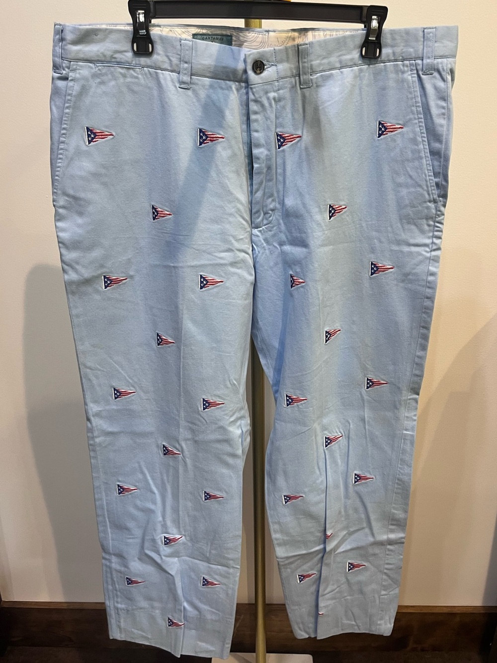 Embroidered Light Blue Flag Motif Chinos Castaway Men’s Pants 
Size 38